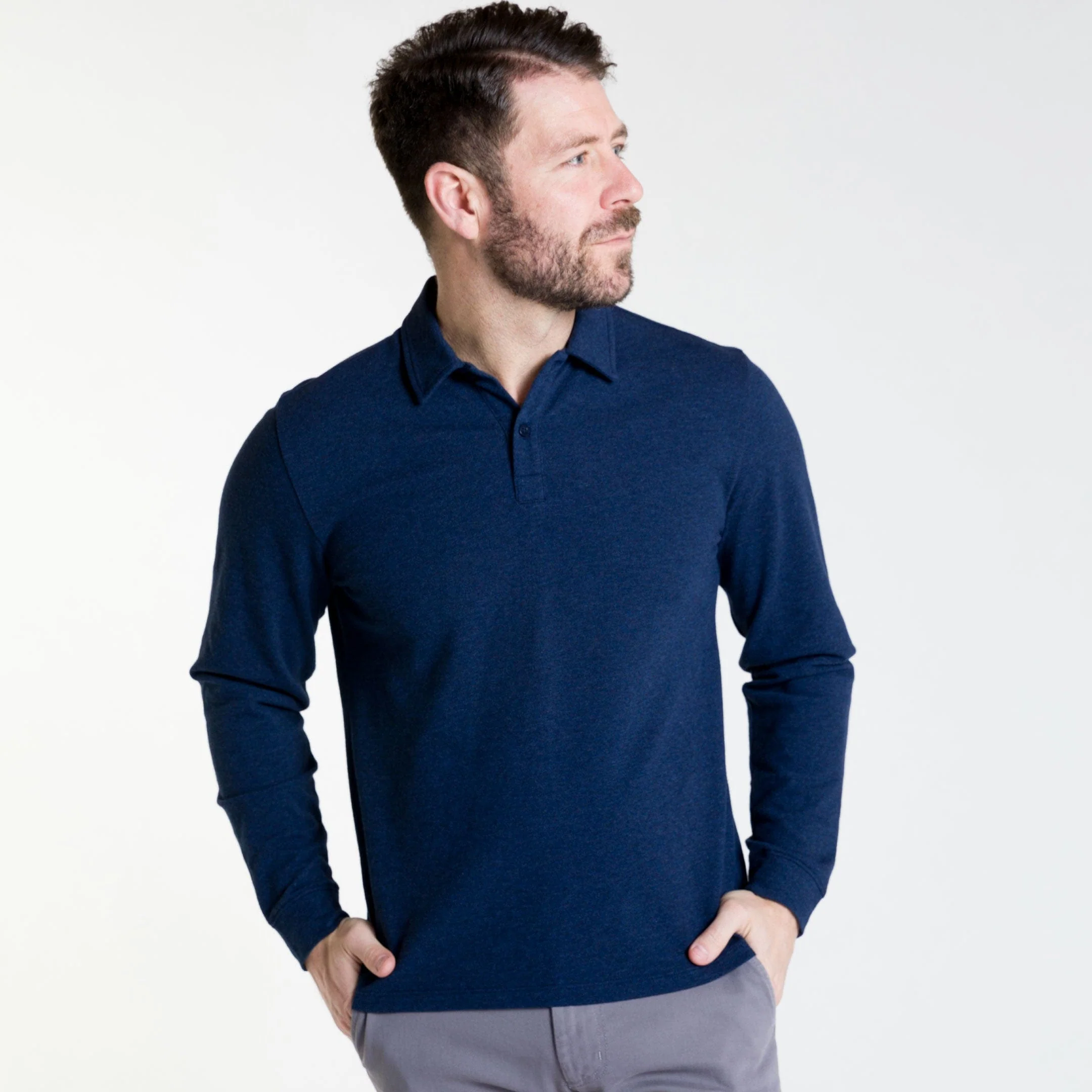Heather Navy Pique Long Sleeve Polo - Image 6