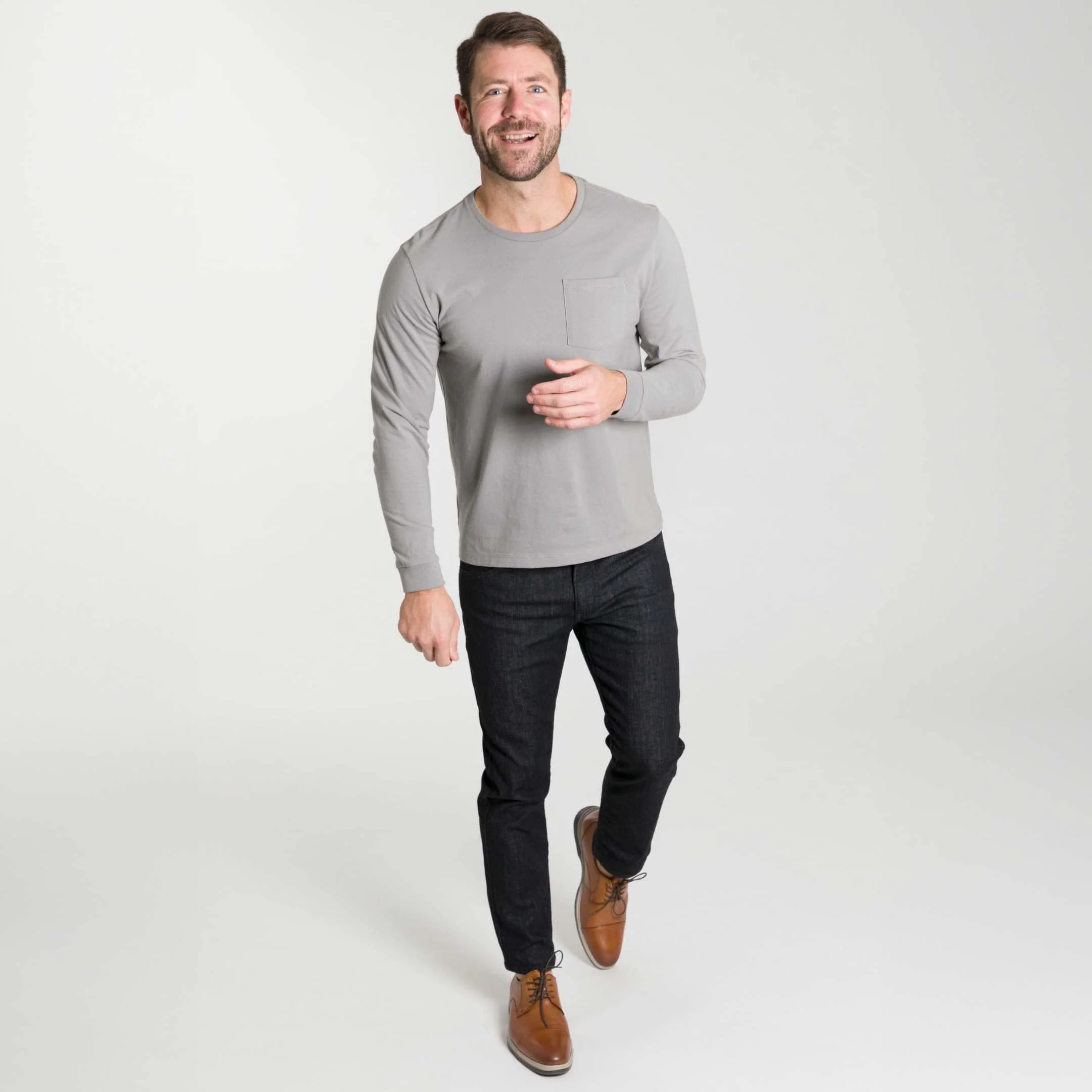 Light Grey Long Sleeve Pima Cotton Crew Neck Tee - Image 3