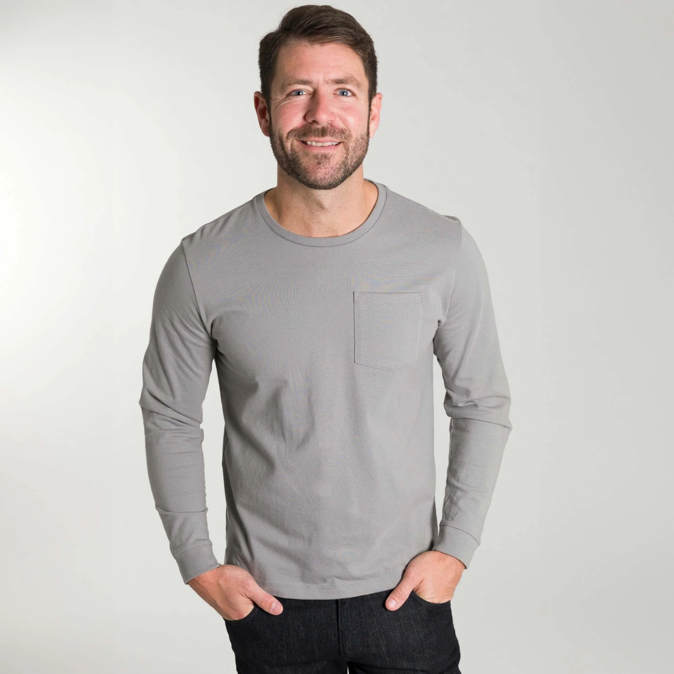 Light Grey Long Sleeve Pima Cotton Crew Neck Tee - Image 5