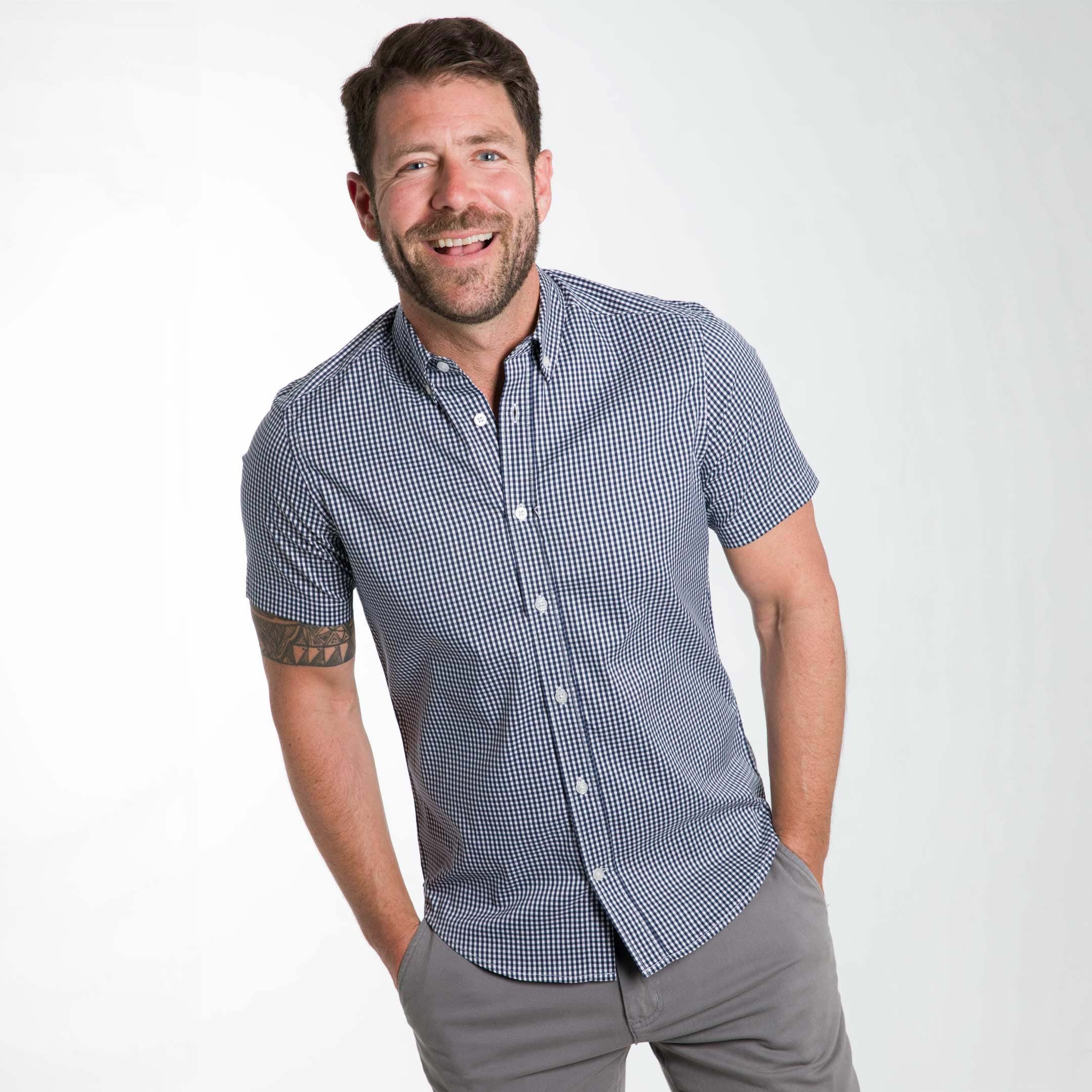 Navy Gingham Short Sleeve Wrinkle Free Shirt - Image 6