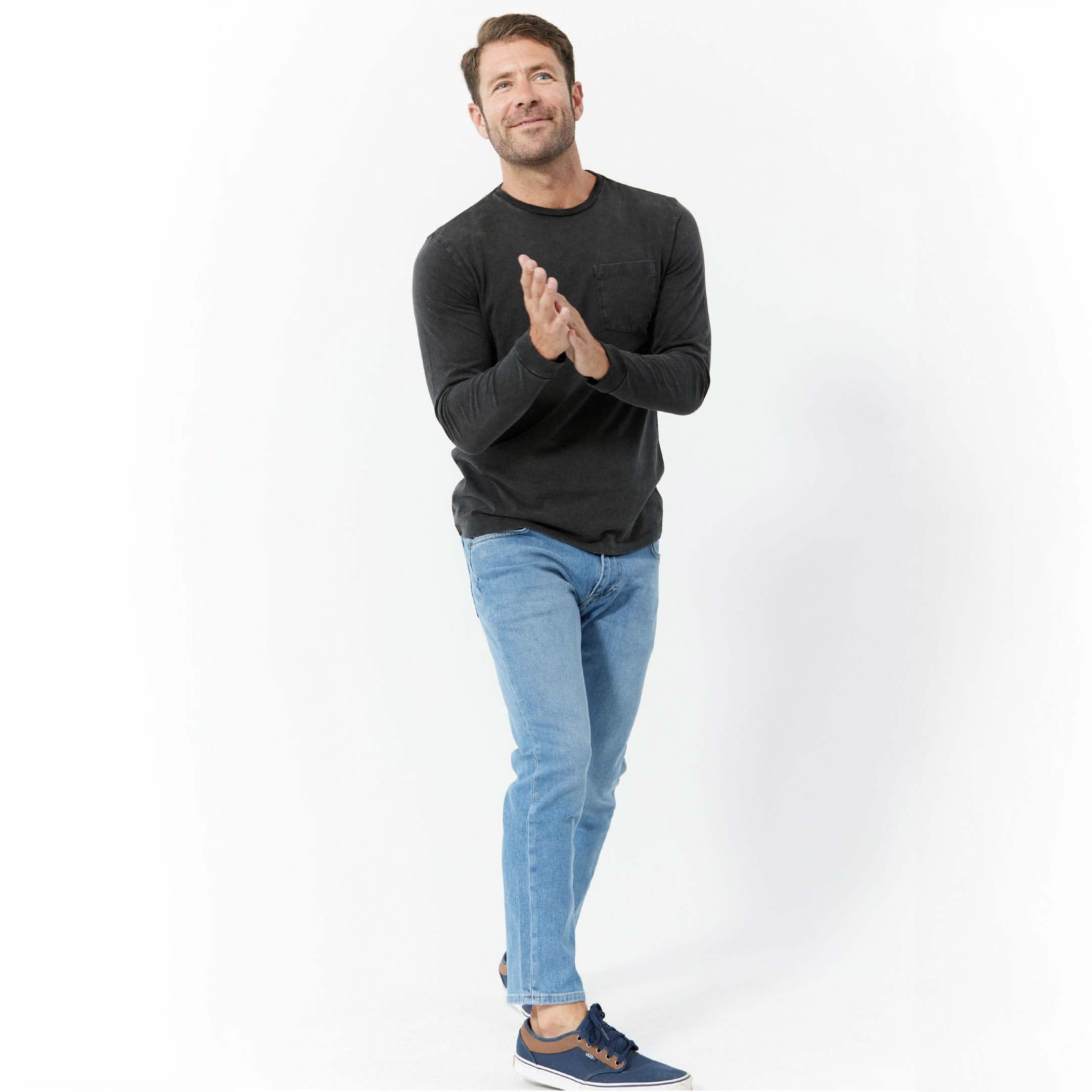 Washed Black Long Sleeve Pima Cotton Crew Neck Tee - Image 3