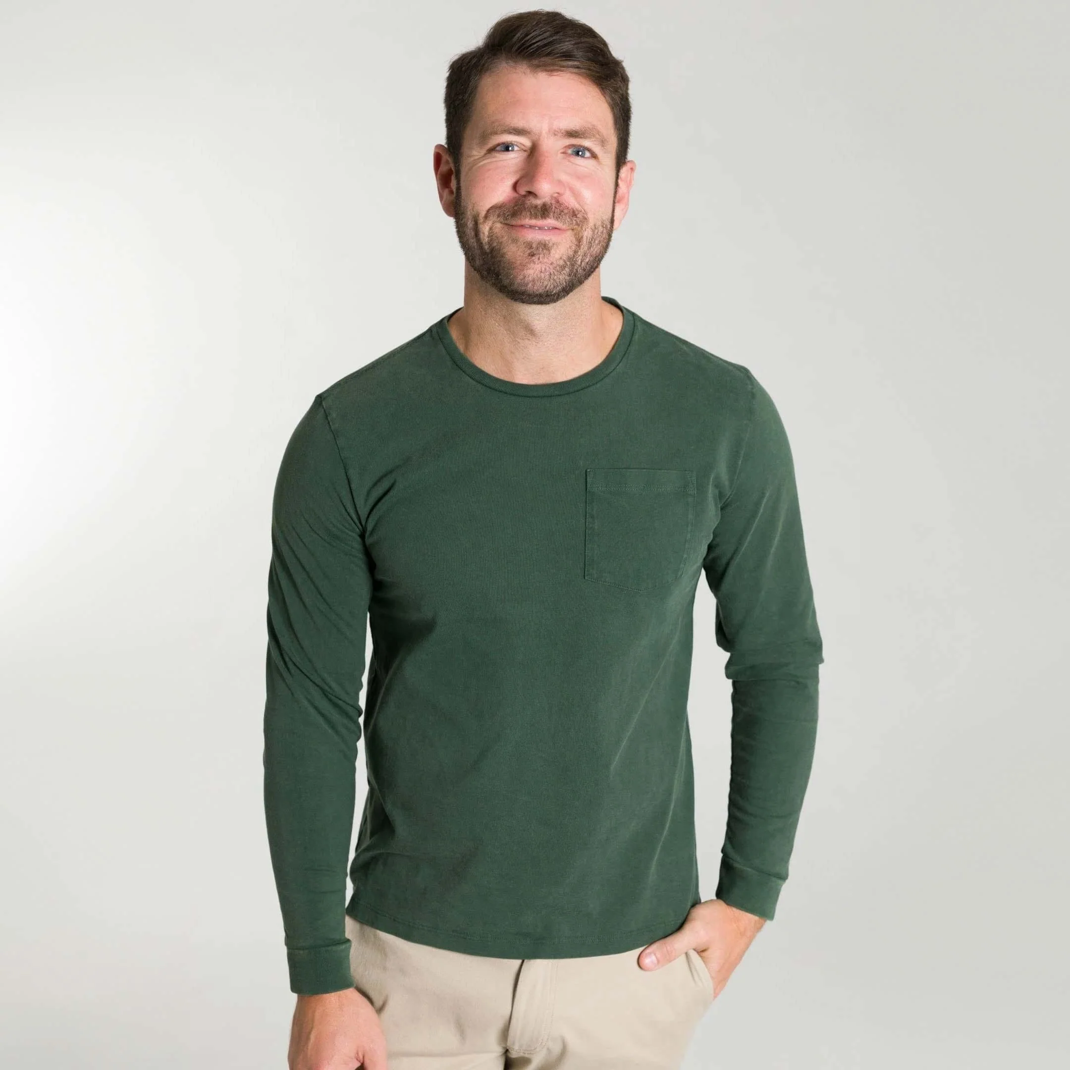 Washed Green Long Sleeve Pima Cotton Crew Neck Tee - Image 7